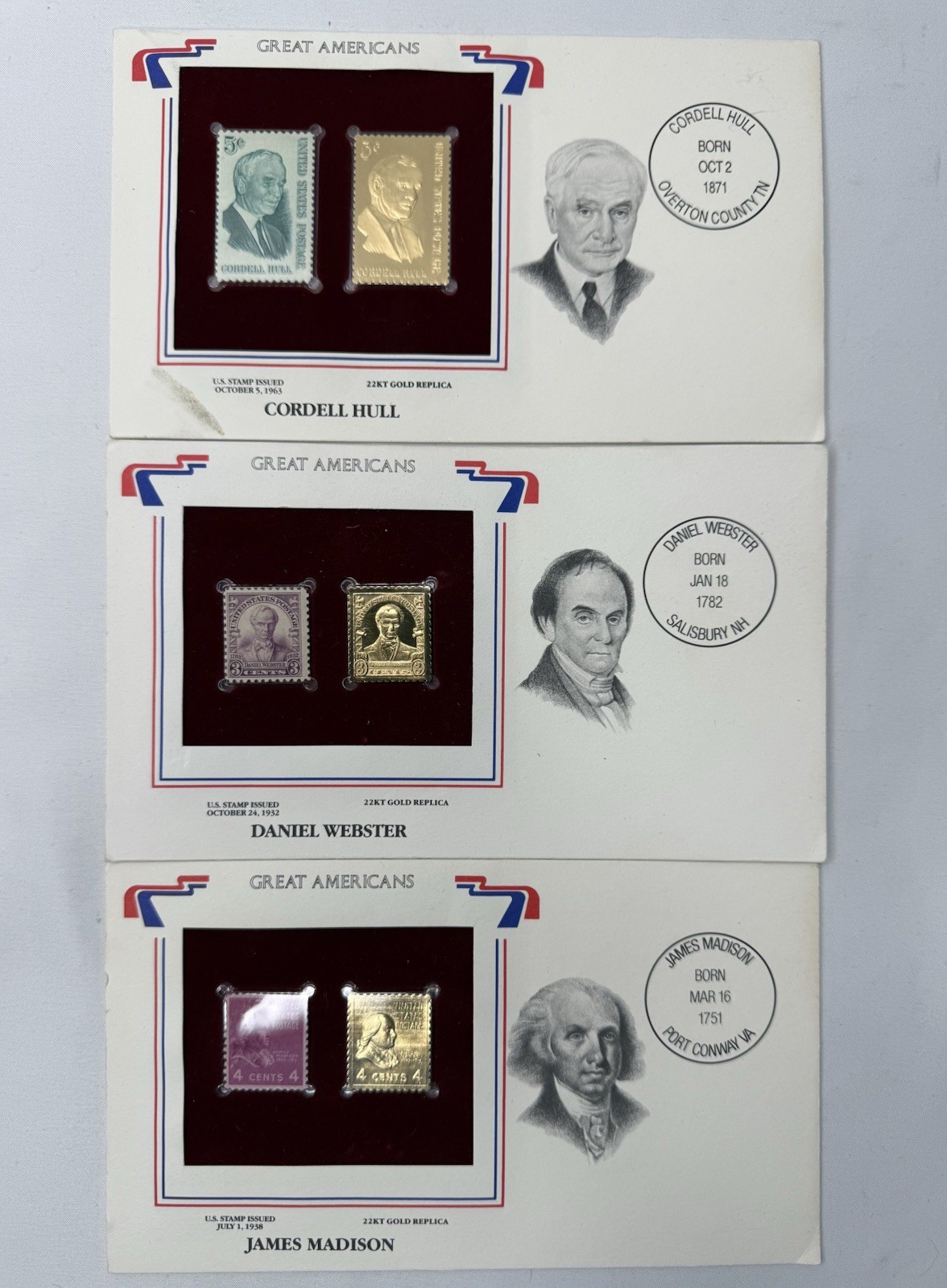 GREAT AMERICANS POSTAL STAMPS JAMES MADISON CORDELL HULL DANIEL WEBSTER 22KT NOS