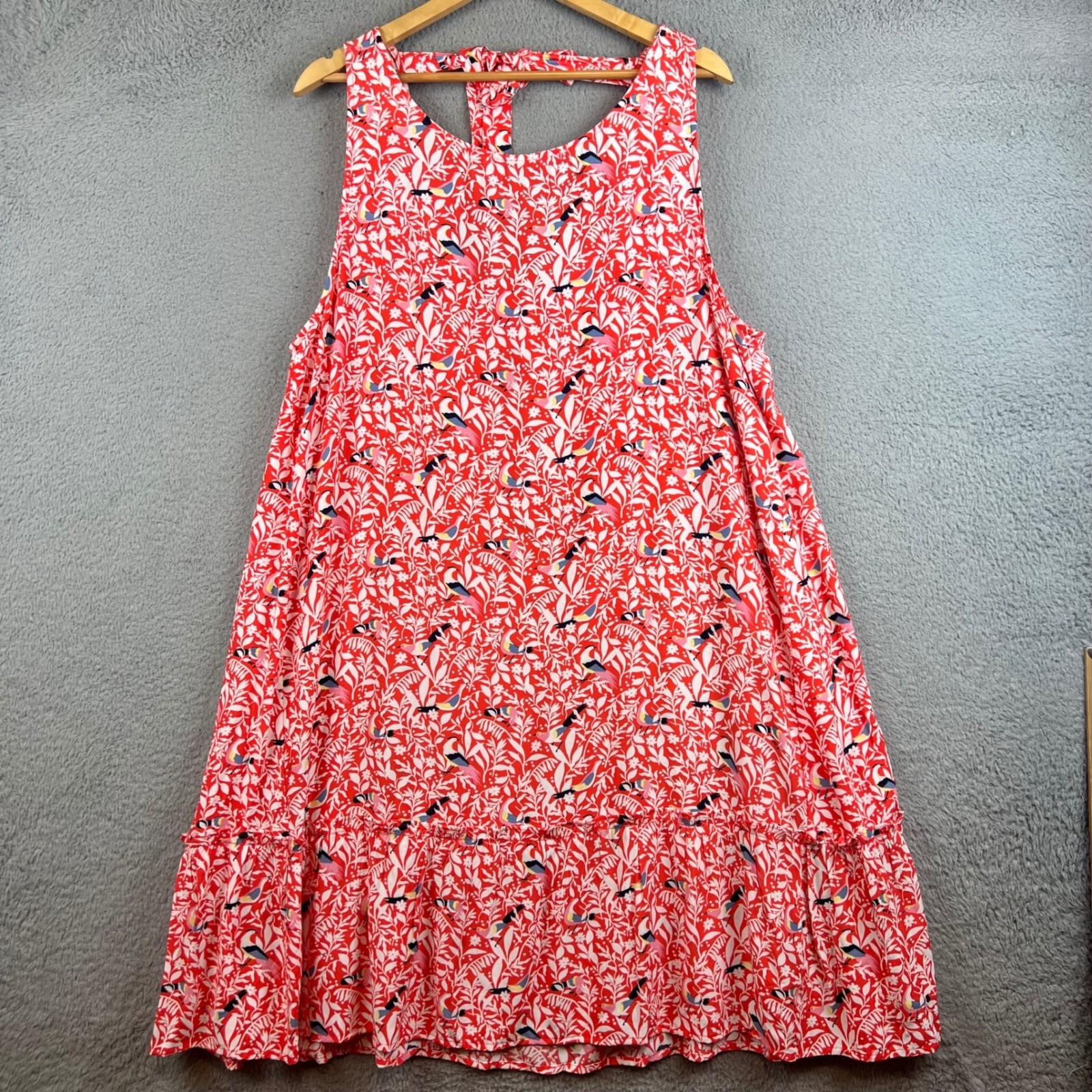 LOFT Red Tropical Bird Print Tie Back Sleeveless Ruffle Swing Dress XXL NWT LOFT Red Tropical Bird Print Tie Back Sleeveless Ruffle Swing Dress XXL NWT
