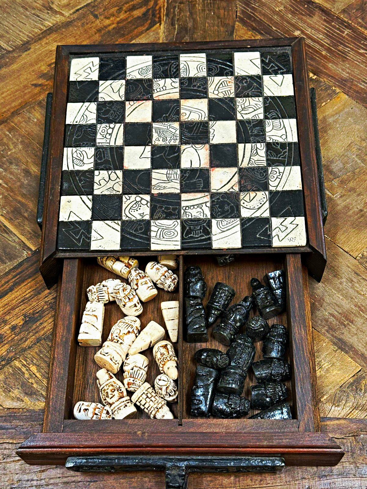 Vintage Mexican Aztec Mayan Chess Set Heavy Stone Resin Board Complete Signed RJ