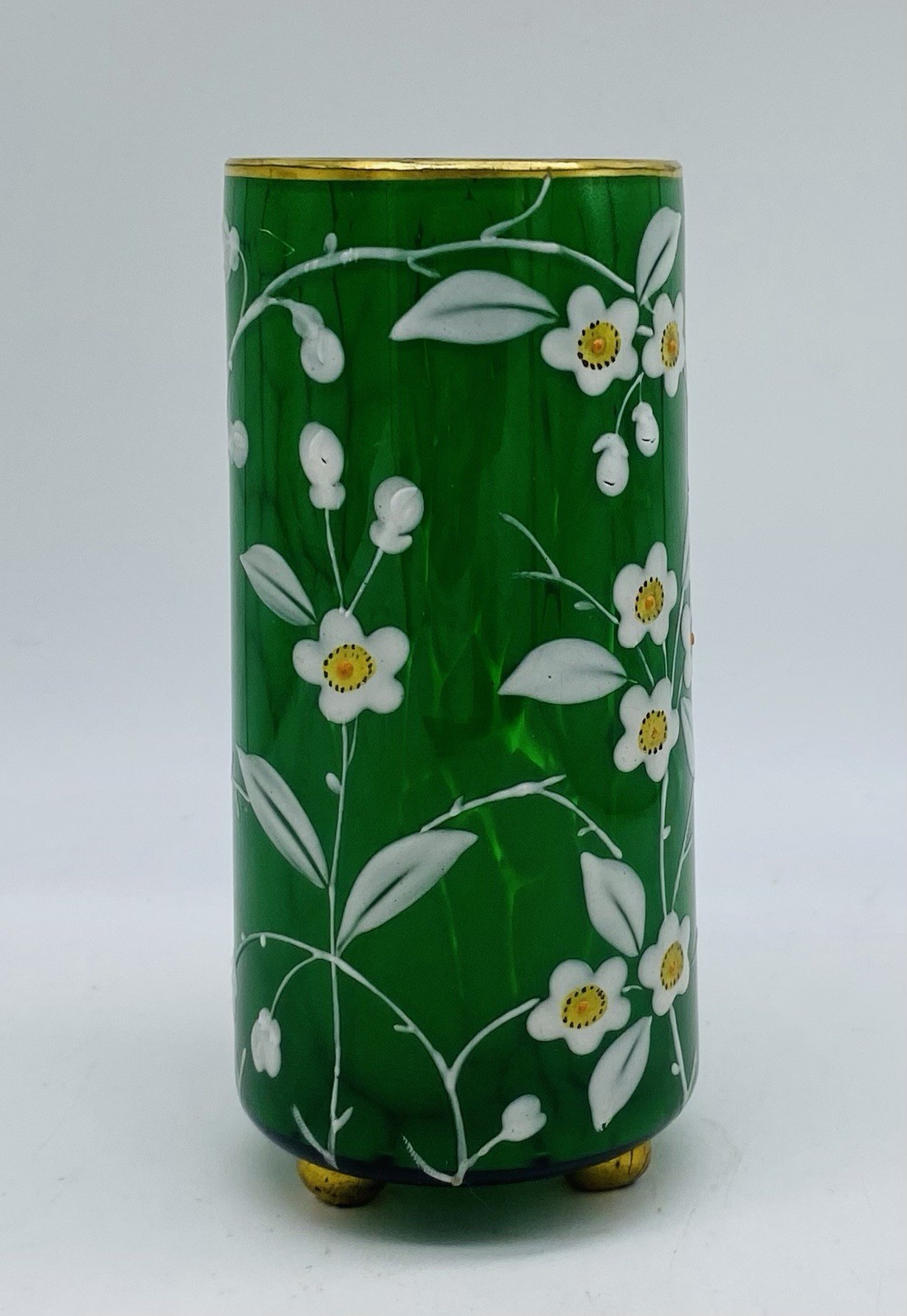 Ca.1880’s Bohemian HARRACH Green Marbled Footed Glass Vase With Floral Enamel