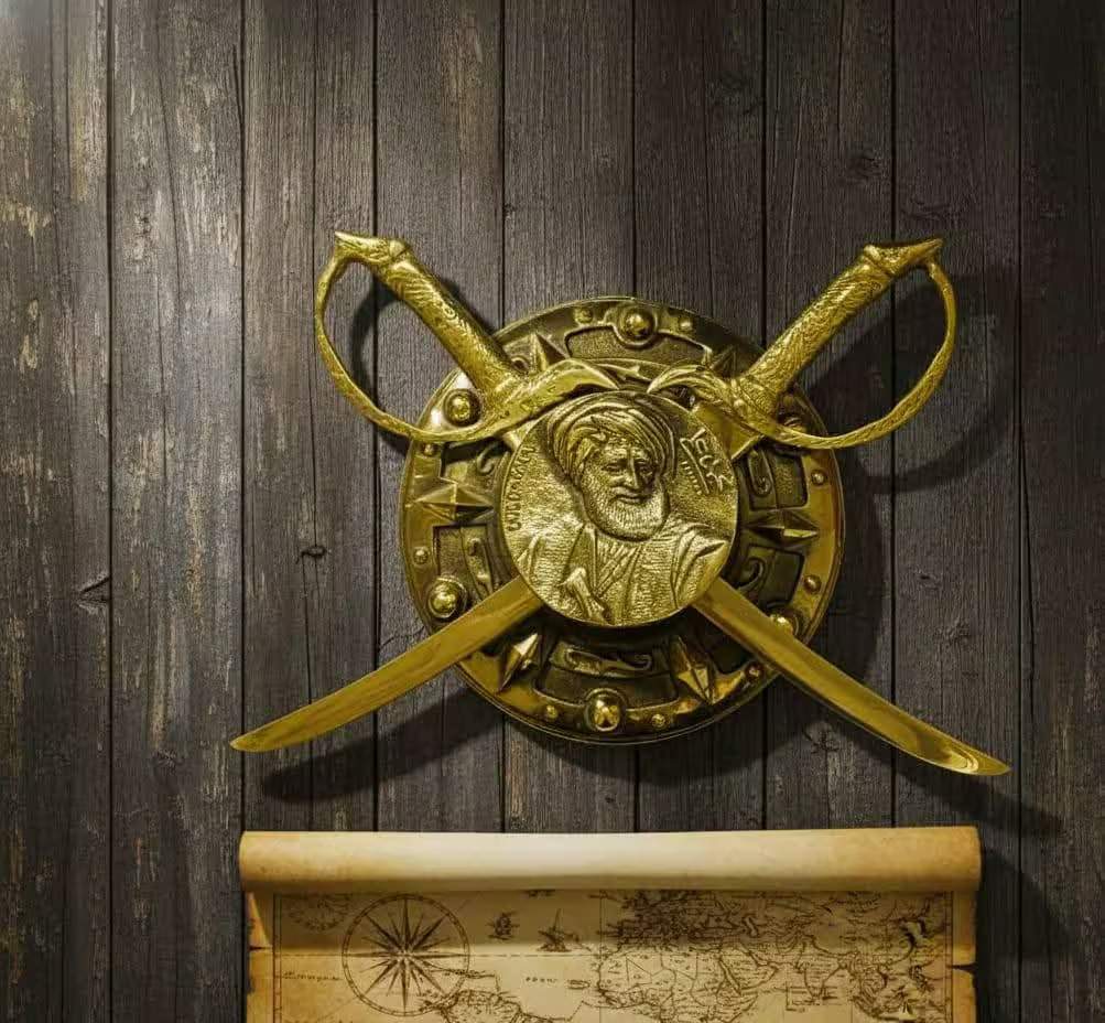 Heavy Brass Shield Crossed Swords Muhammad Ali Pasha Wall Decor Egyptian Art 3kg