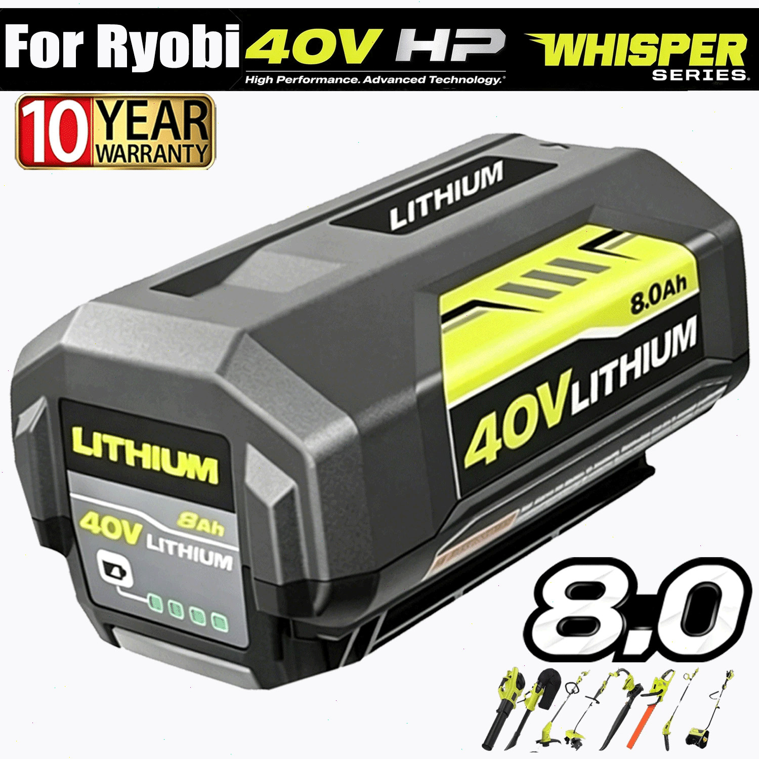 1-2PACK 8.0Ah Battery 40 Volt for Ryobi 40V Lithium-ion OP40602 Battery with LED
