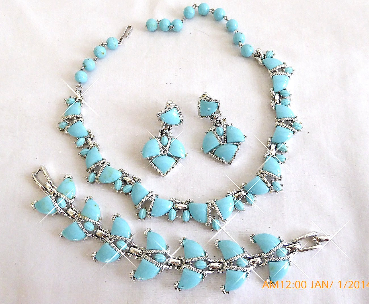 RARE VTG  KRAMER TURQUOISE & SILVER NECKLACE BRACELET EARRINGS SET PARURE