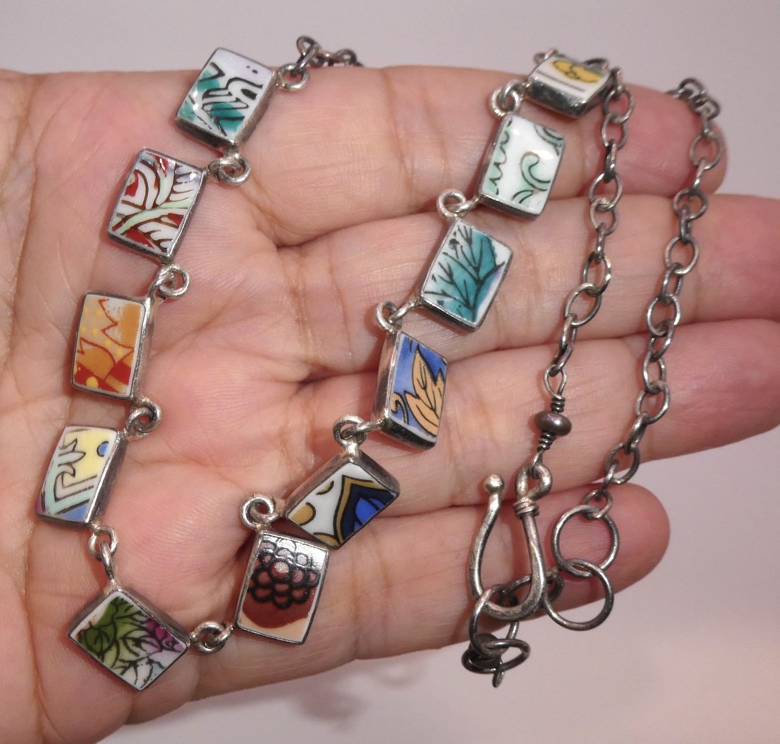 Vintage JESSICA LEE JL 925 Sterling Silver PORCELAIN Shard NECKLACE Artisan OOAK