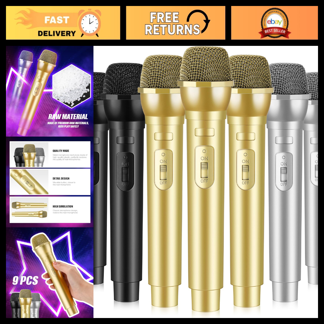 9 Pcs Realistic Fake Microphones - Prop Mics for Parties, Karaoke, Cosplay Fun