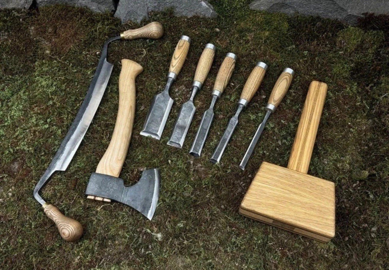Hand Forged Woodworking Tools Set Chisels Axe Adze Mallet Leather Roll Kit