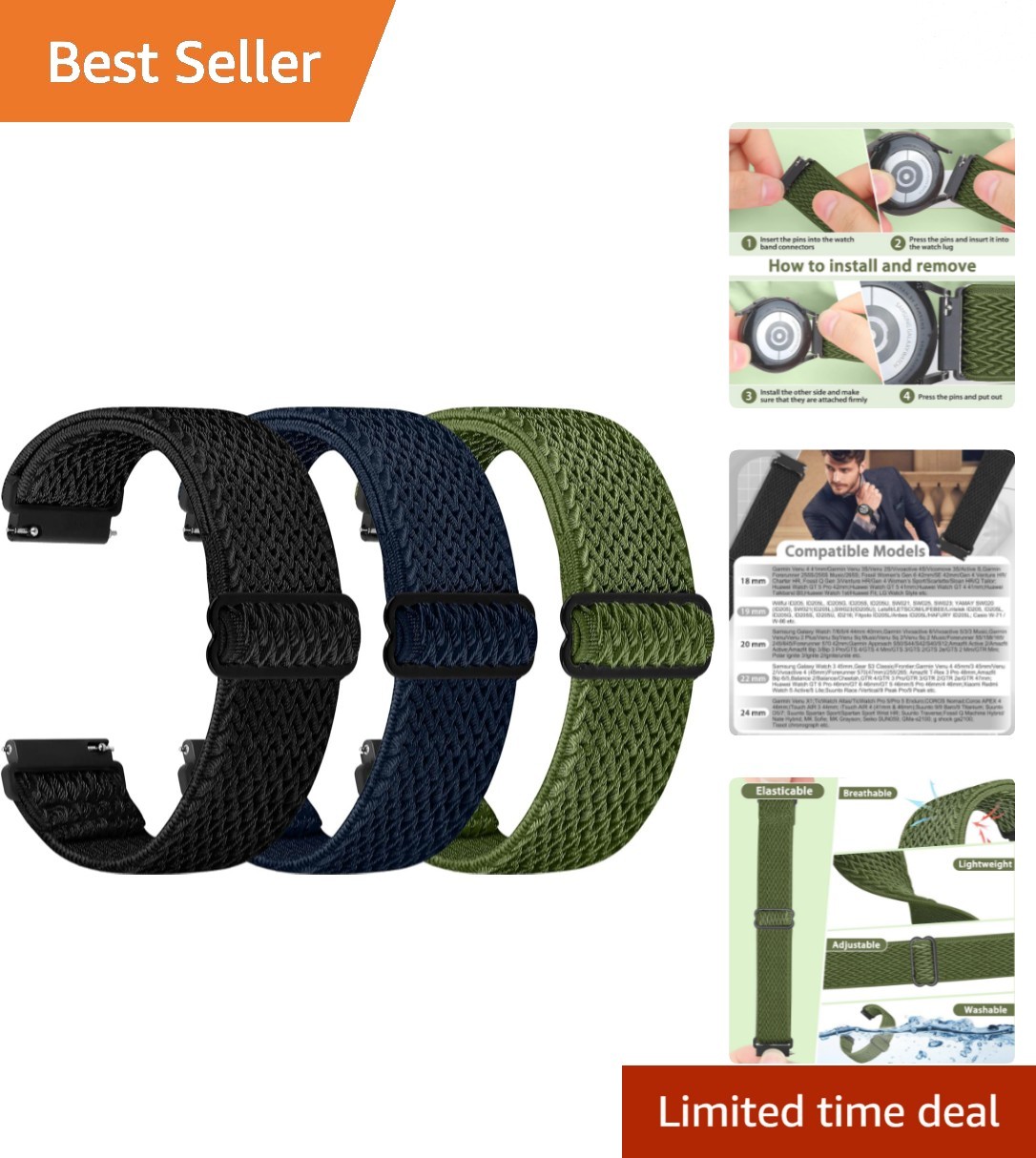 Quick Release Watch Band - Choice of Width -18mm 19mm 20mm 22mm 24mm Watch Ba...