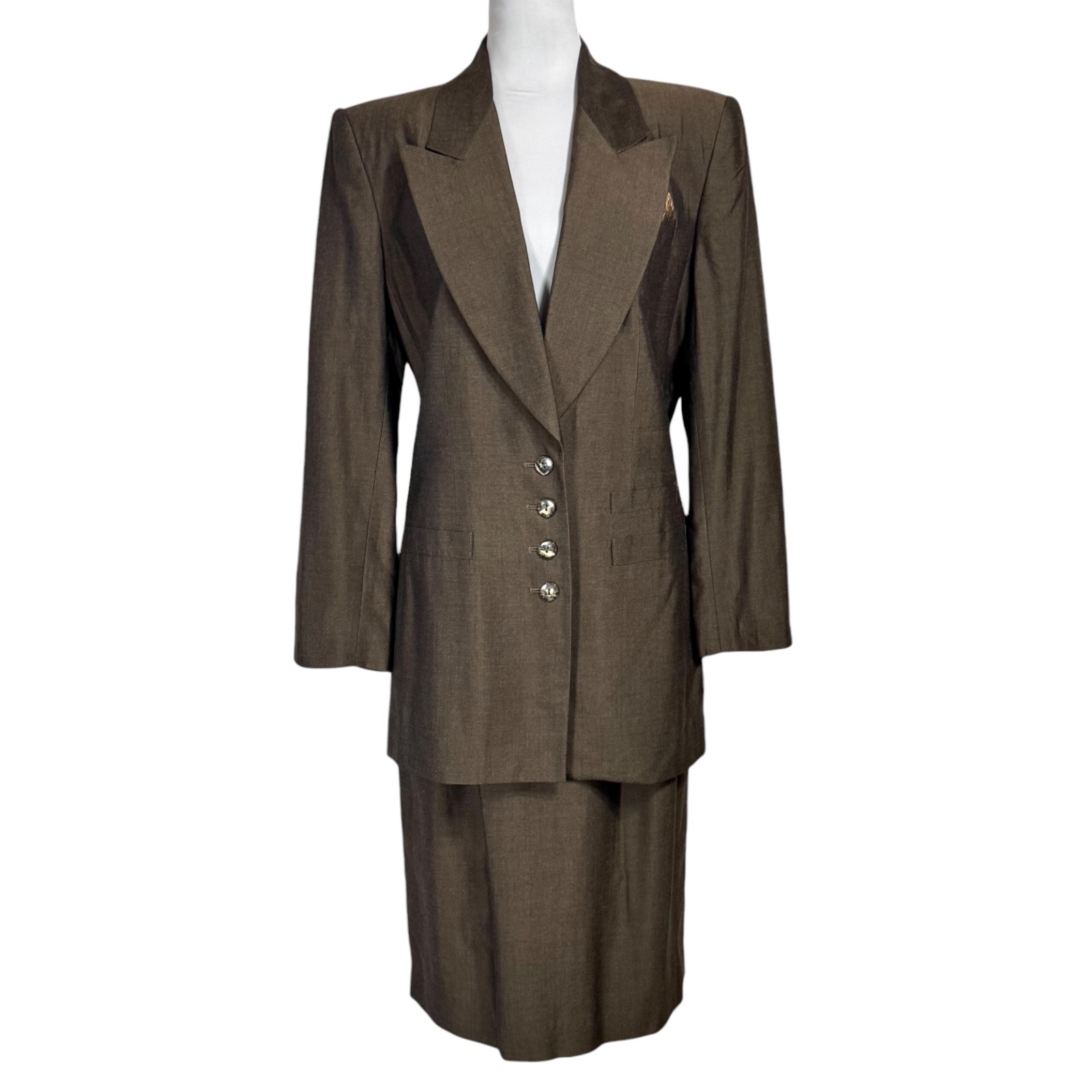 NWT 90s Kasper Midi Skirt Suit Set 12 10 Brown Long Blazer Business Powersuit