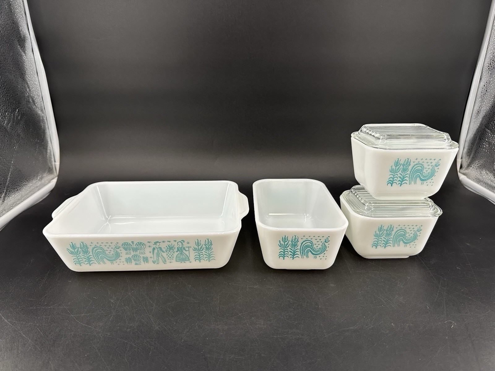 Vintage Pyrex Amish Butterprint Refrigerator Set 6 Piece Turquoise Kitchen