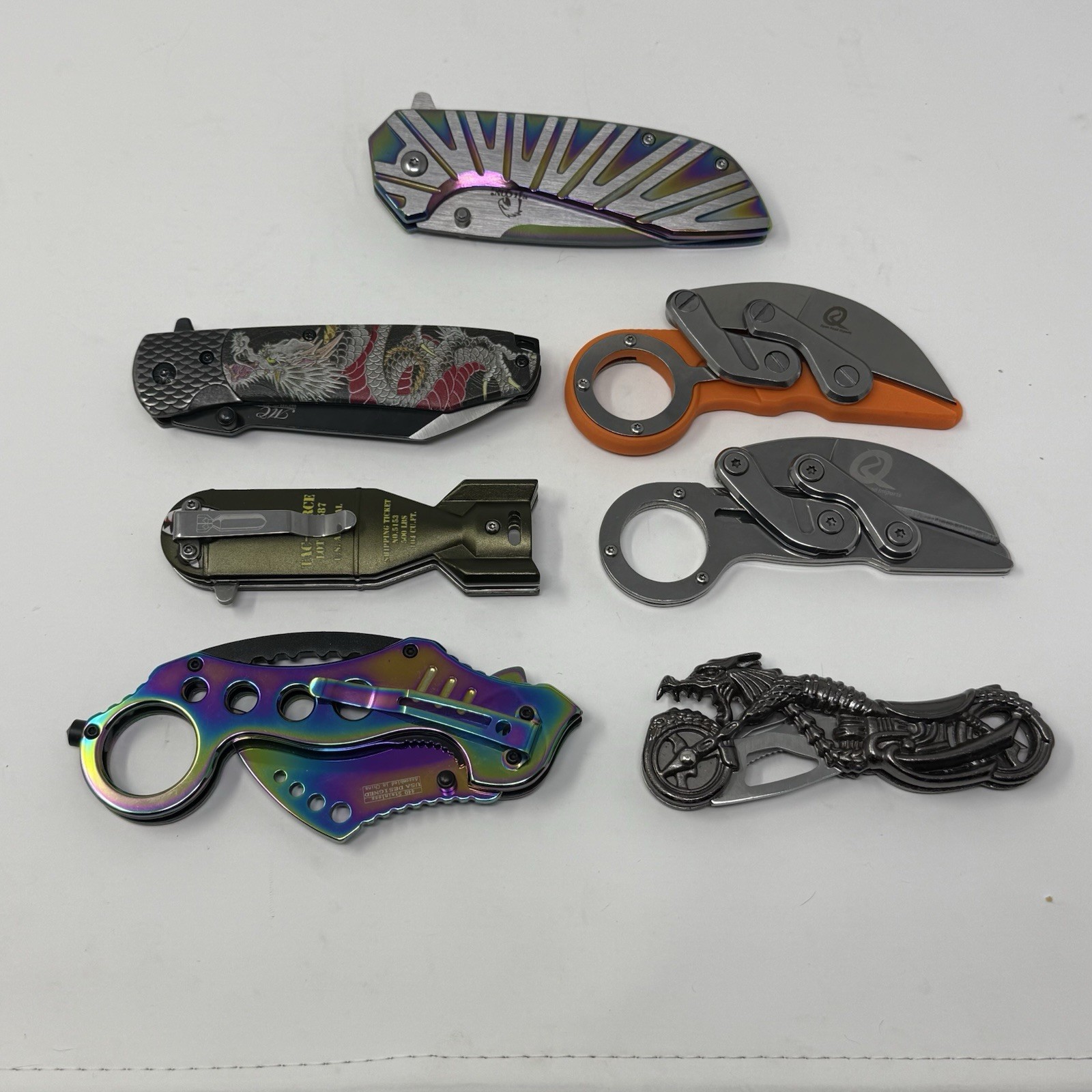 Falcon Tactical Iridescent Rainbow Stainless Karambit Pocket Knife Lot of 7 fold