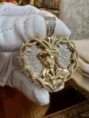 10k Yellow Gold Finish Lab Created Diamond Jesus Face Heart Medal Pendant 1.5\