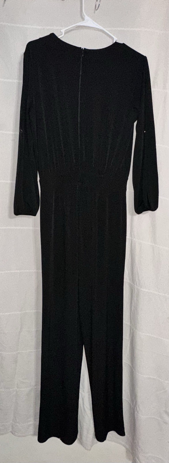 The Limited Black Solid Knit Stretch Jumpsuit S Zip Slit Sleeve Round Neck