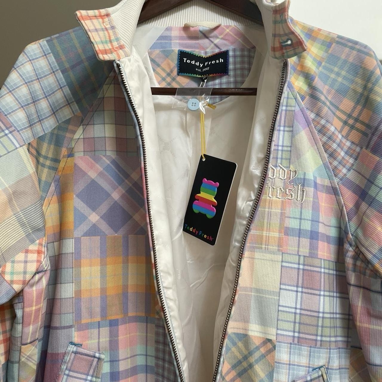 Teddy Fresh Plaid Bomber Jacket Multicolor XL Zip/Button Embroidered Logo Teddy Fresh Plaid Bomber Jacket Multicolor XL Zip/Button Embroidered Logo