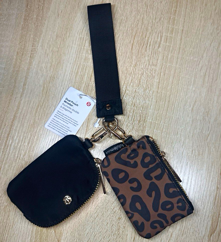 lululemon Black & Brown Leopard Animal Print Dual Pouch Wristlet Wallet Zip