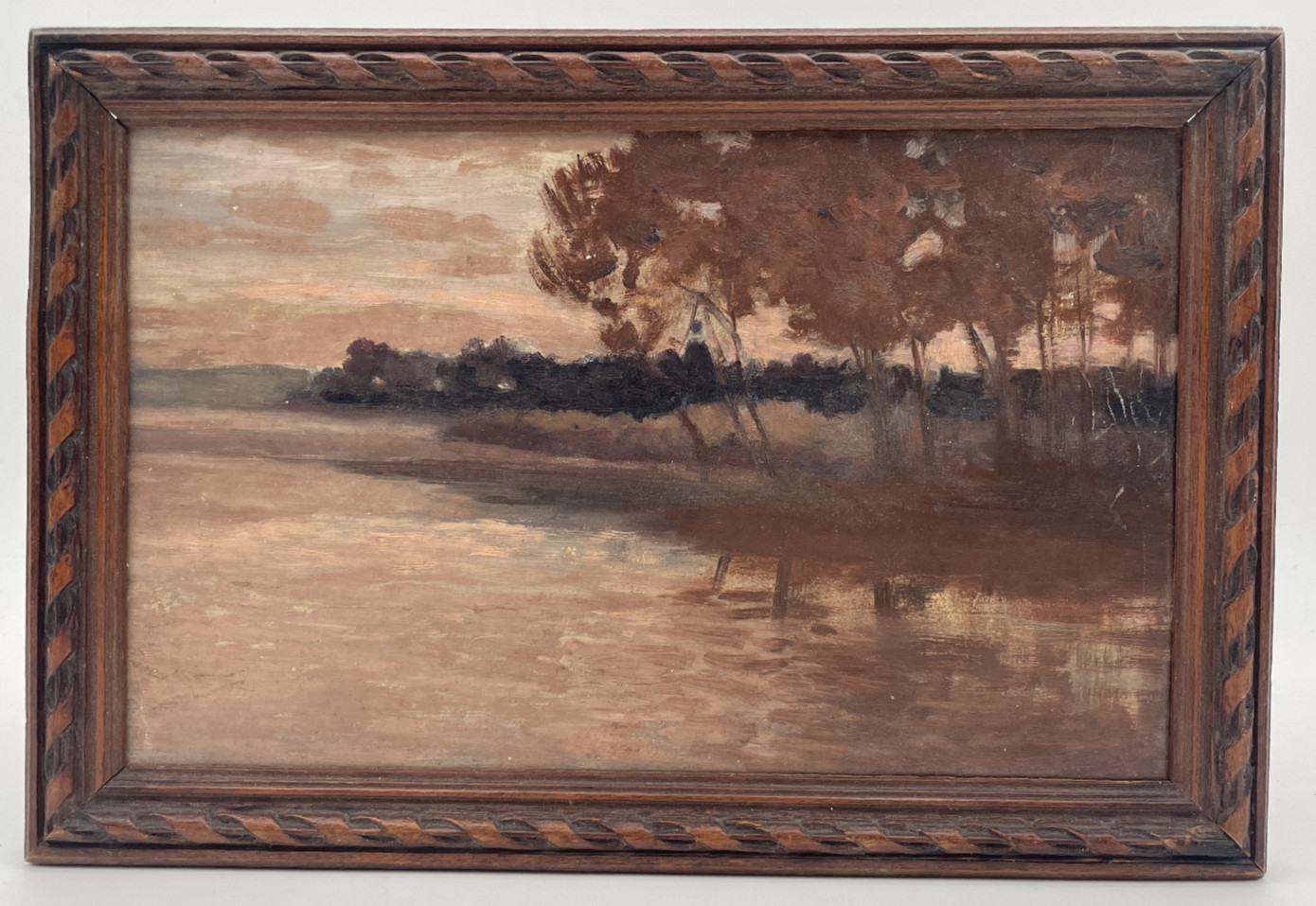 1908 French Antique River Landscape Autumn Oil on Panel Signed and Dated Framed