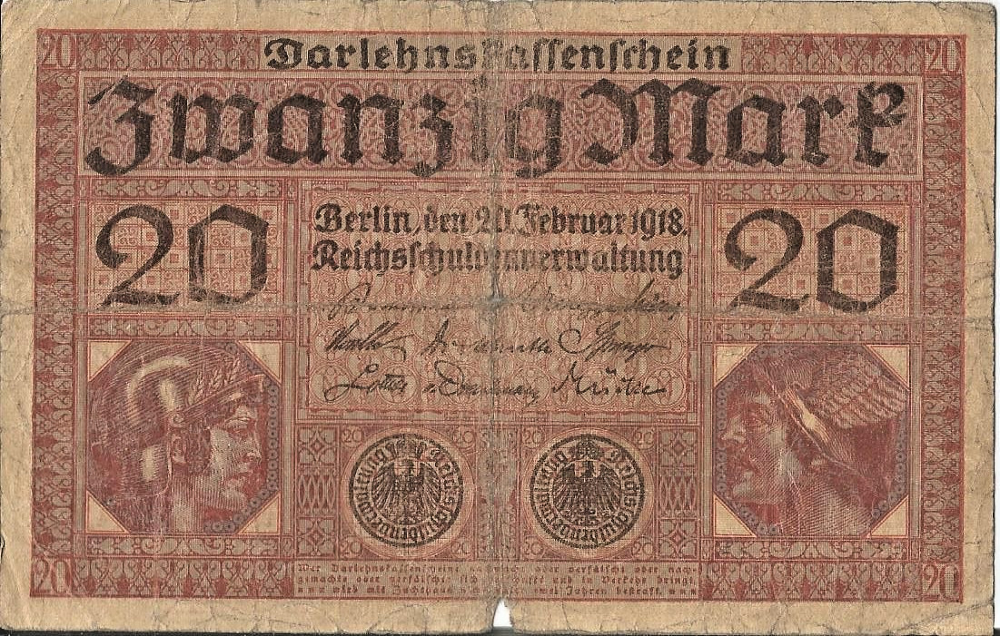1918 GERMANY CIRCULATED 20 MARK BANKNOTE # 22