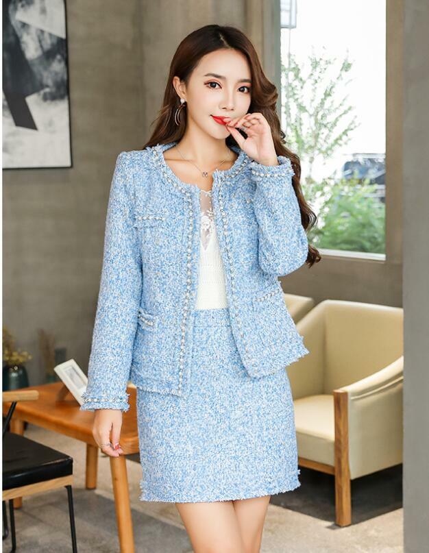 Occident Women Coat+Skirt Suits Set High End Fashion Beading Formal 2Pcs Blue Occident Women Coat+Skirt Suits Set High End Fashion Beading Formal 2Pcs Blue