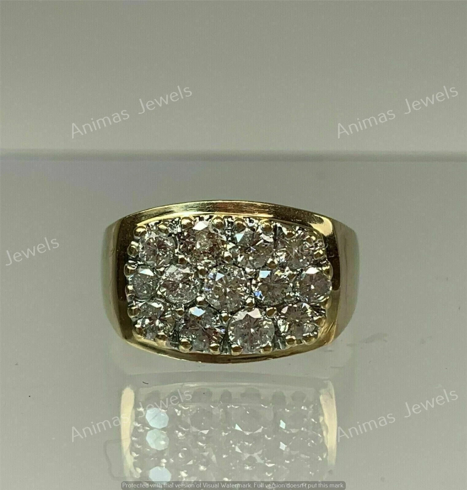 Real Moissanite 2Ct Round Cut Cluster Men's Wedding Ring 14K Yellow Gold Plated