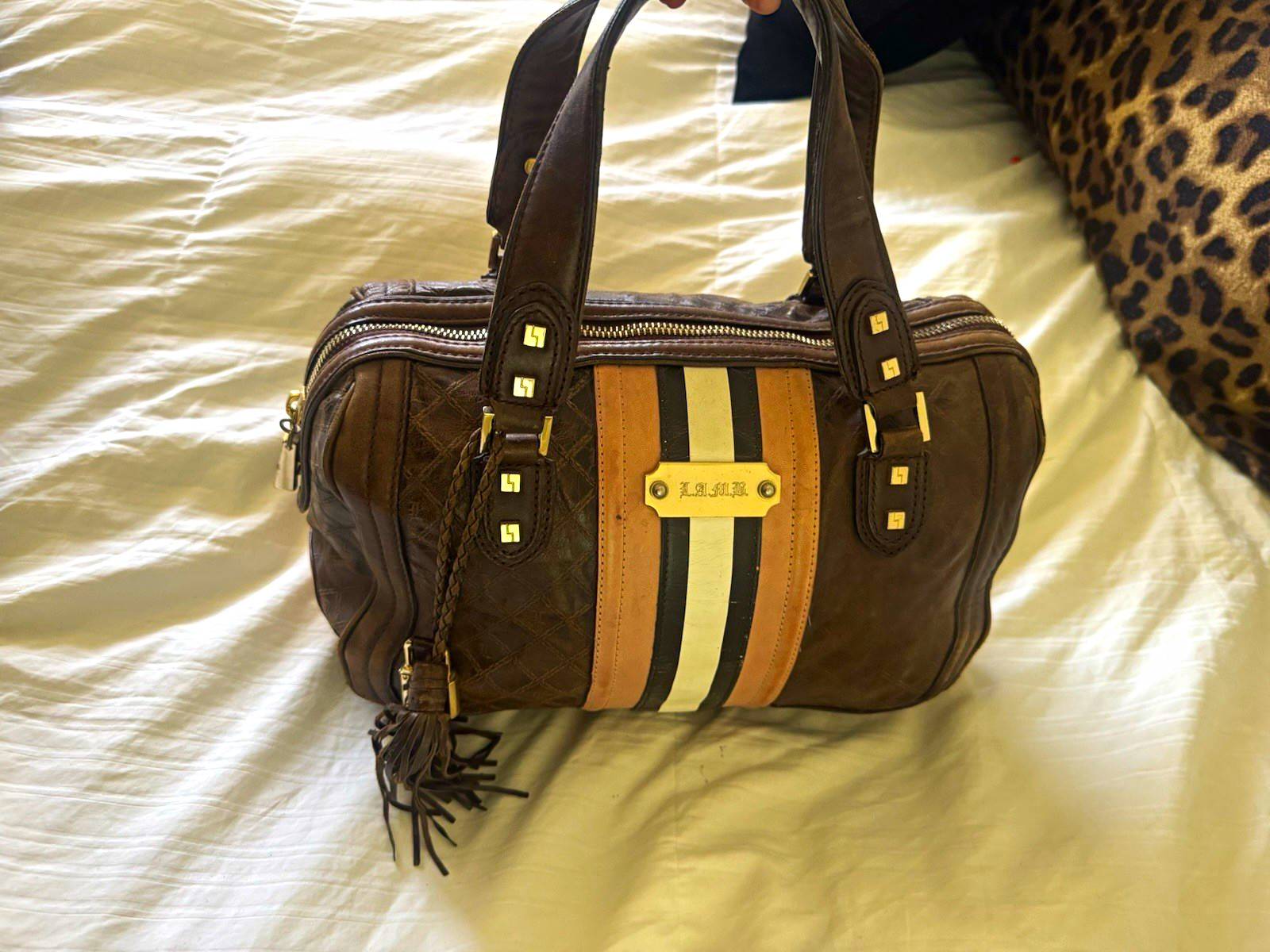 L.A.M.B. Women’s Brown Striped Satchel Top Handle Zip Lined Pockets Dust Bag L.A.M.B. Women’s Brown Striped Satchel Top Handle Zip Lined Pockets Dust Bag