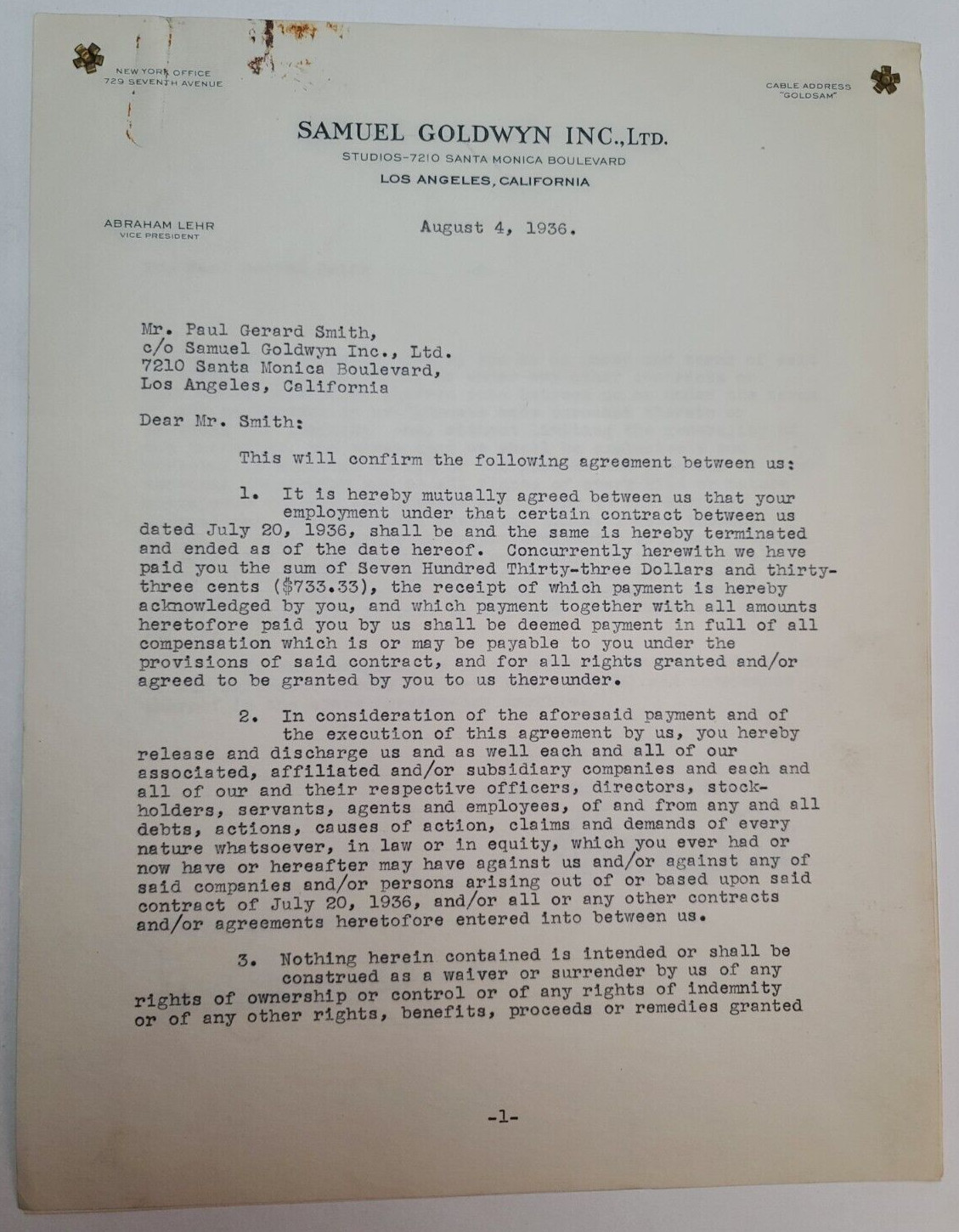 Paul Gerard Smith, 1936 signed contract agreement document, World War I Marine