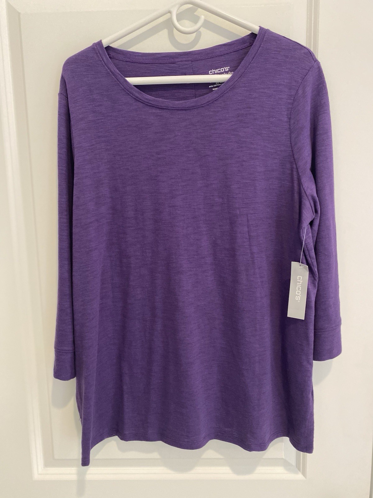 Chico’s Woman’s “The Ultimate Tee”  Size 2 Purple 3/4 Sleeve Back Button Top NEW