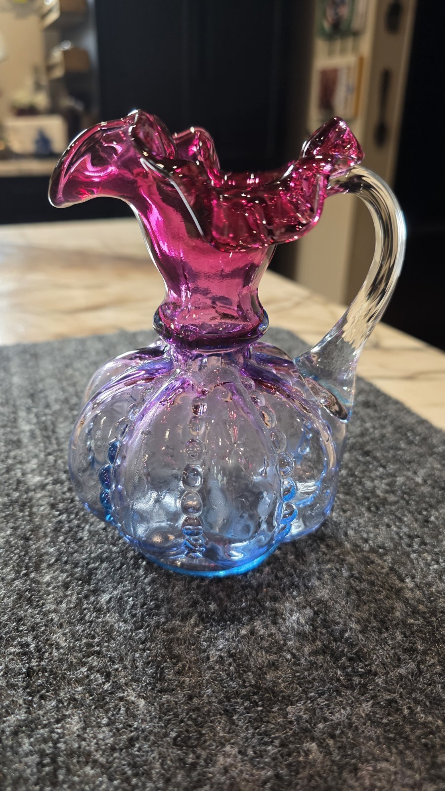 Fenton Beaded Melon Art Glass Mini Pitcher Pink Blue Ruffled Rim Handle