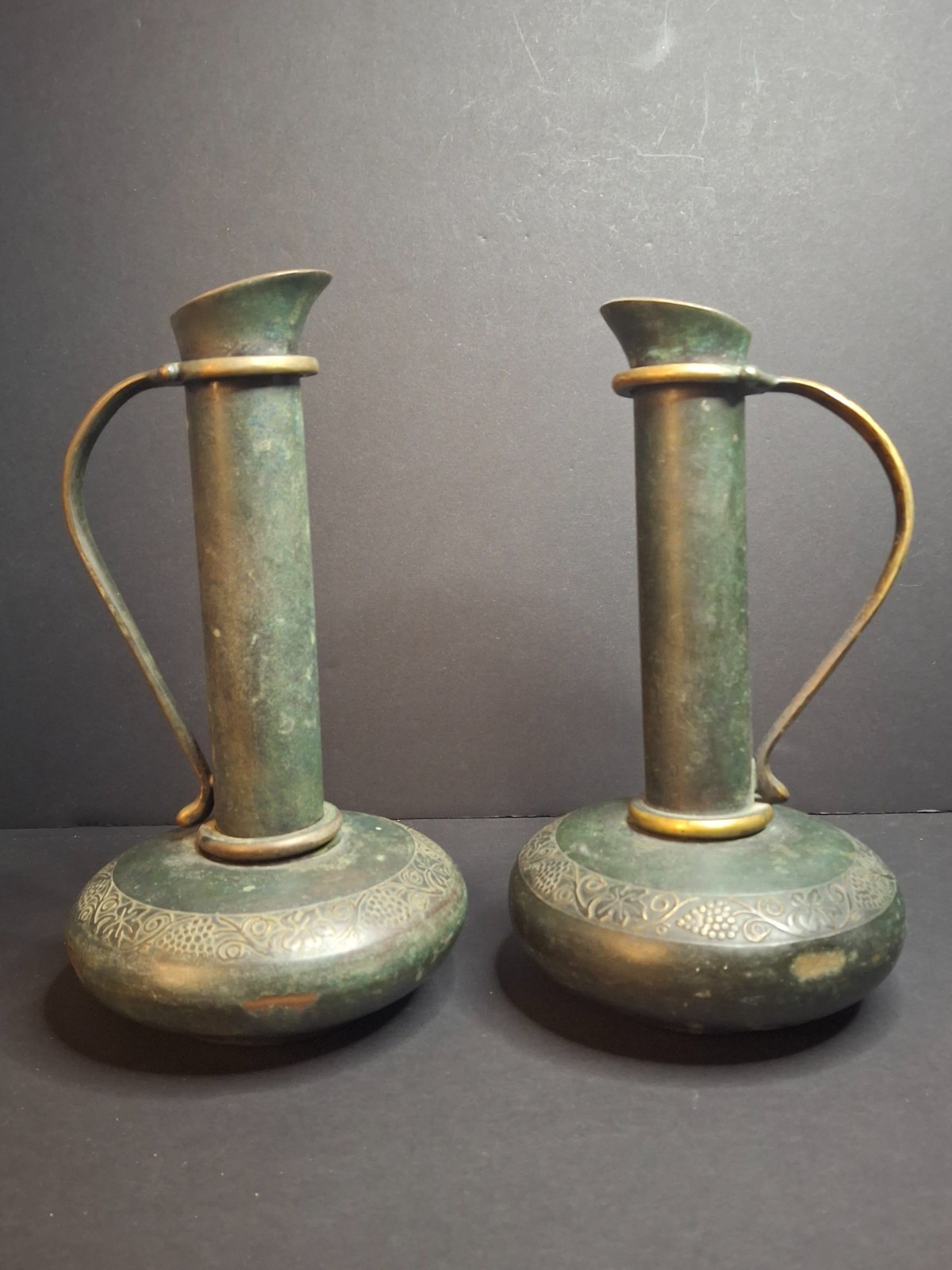 Pair Vintage Pal-Bell Maurice Ascalon Bronze Ewers Pitchers Grape Motif Israel