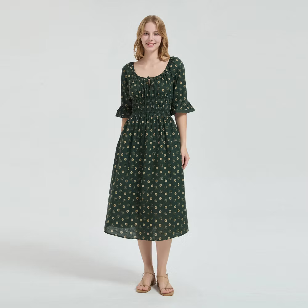 Women\'s Bell Elbow Sleeve Midi Dress - Universal Thread Green Floral M