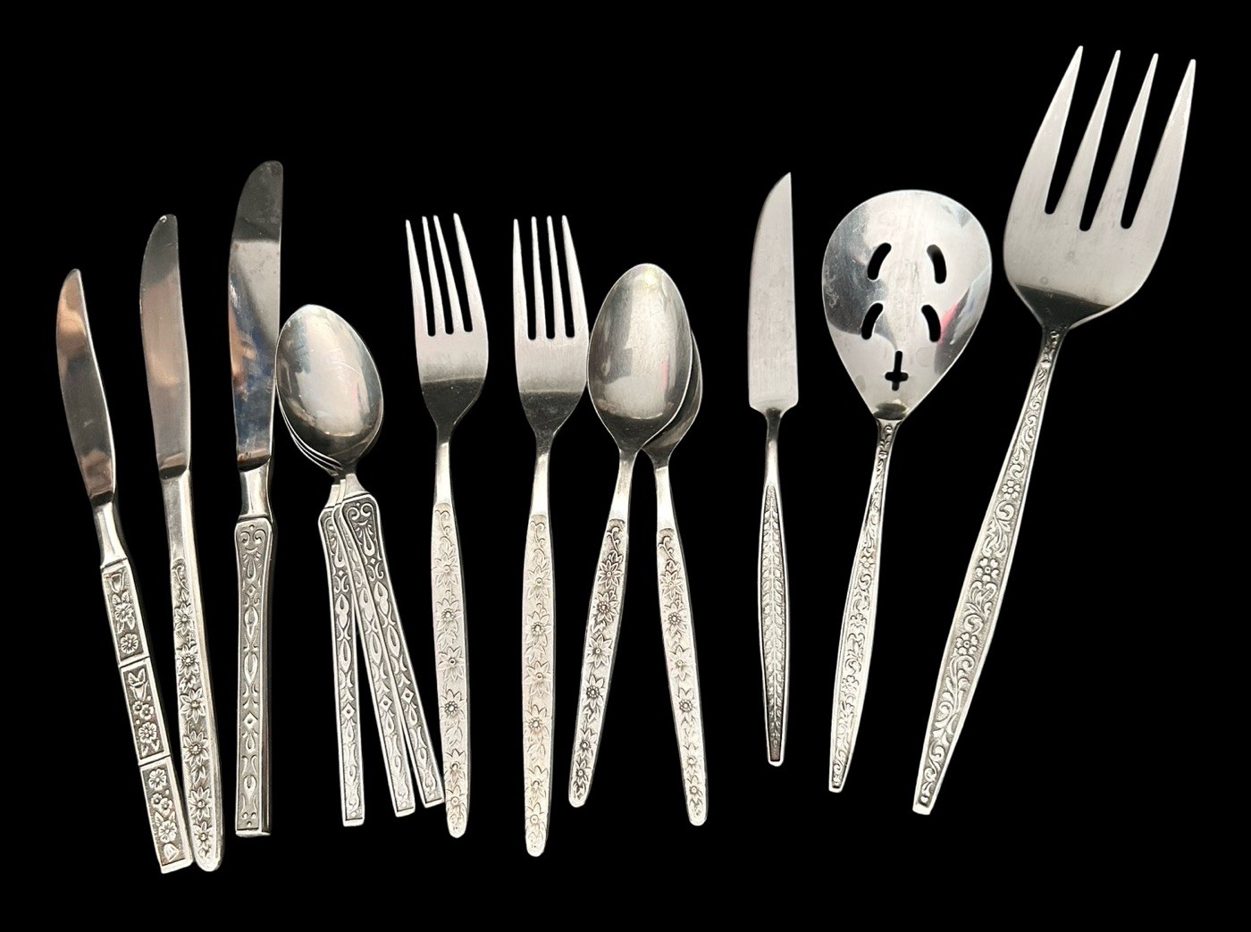 14pc VTG Mid-century Modern Stainless Botanical Engraved Mixed Fork Knife Spoon