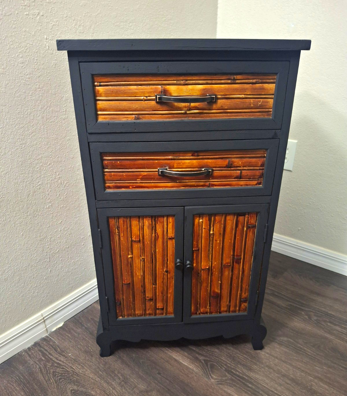 Vintage Burnt Bamboo and Rattan Accent Cabinet Mid- Century Modern Bohemian