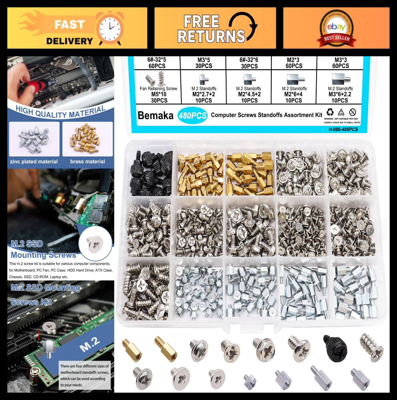 480PCS M.2 SSD Screws & Standoffs Kit for Motherboard, HDD, PC Case & Fan
