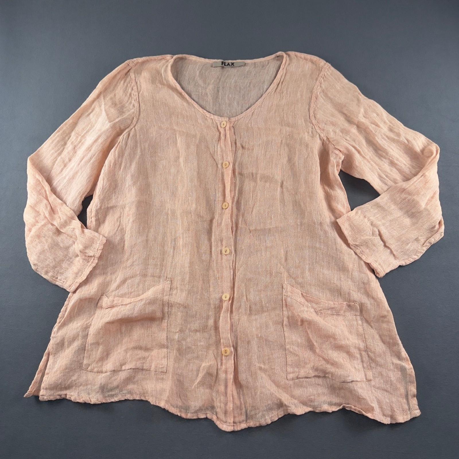 Flax Women Peach 100% Linen Button Front Tunic Top Pockets Size M