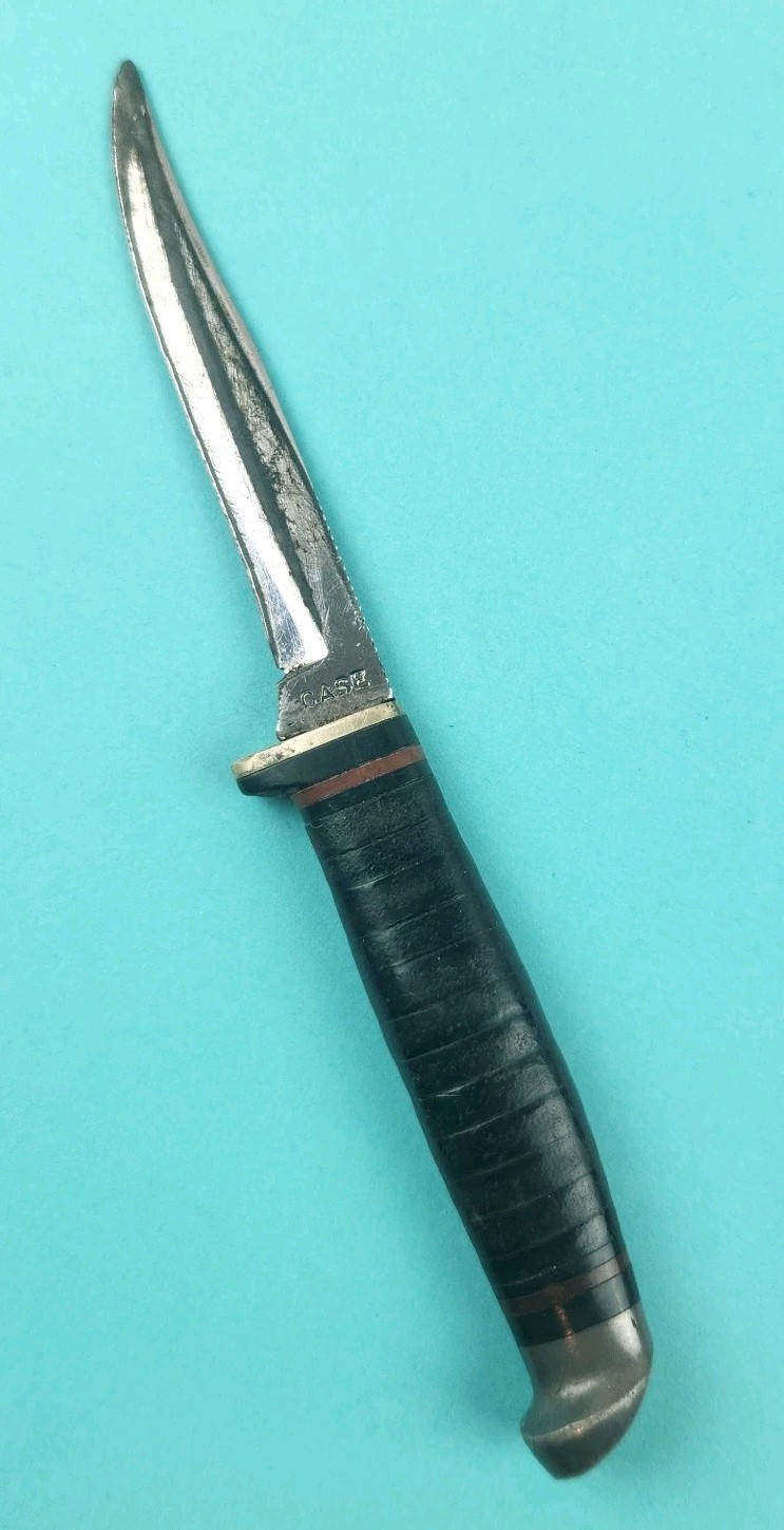Vintage Mini Case Bird Hunting/ Fishing Fixed Blade Knife Leather Stacked Handle