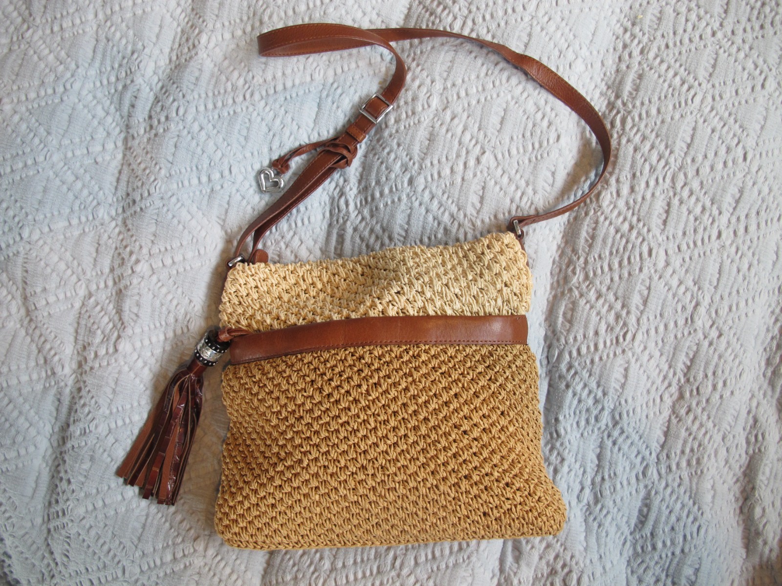 Authentic Brighton Woven Straw Crossbody Handbag with Leather Trim