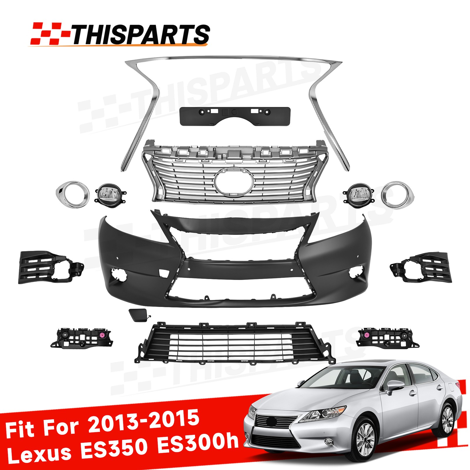 For 13-15 Lexus ES350 ES300h Front Upper Grill Kit w/Fog Light Cover Chrome Trim