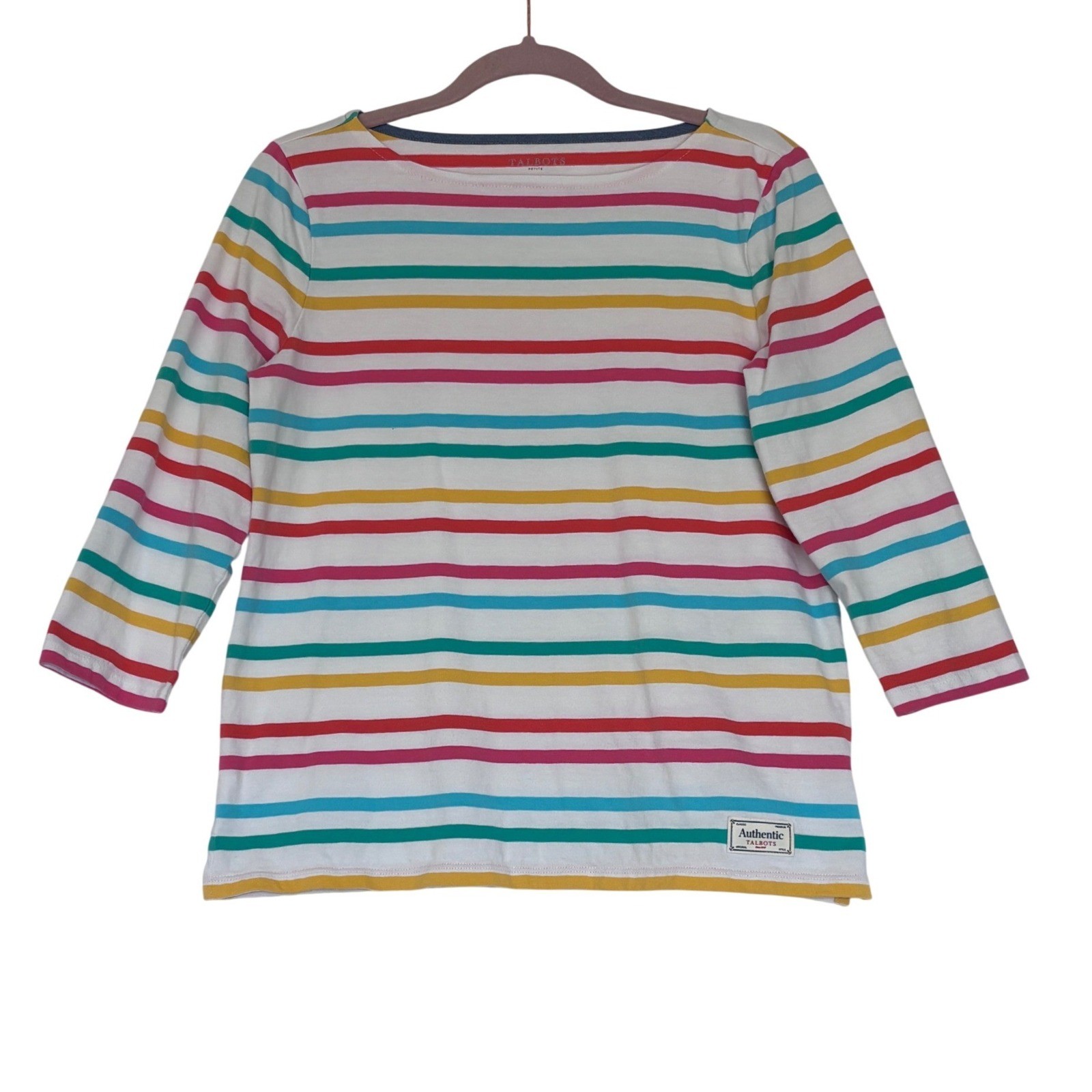 Talbots Authentic Petite Striped Boatneck Top 100% Cotton 3/4 Sleeve MP