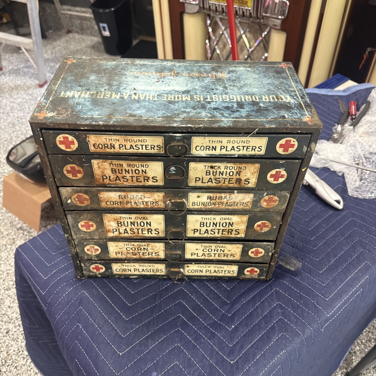 Antique Johnson & Johnson Pharmacy Plasters Cabinet Vtg Druggist Display