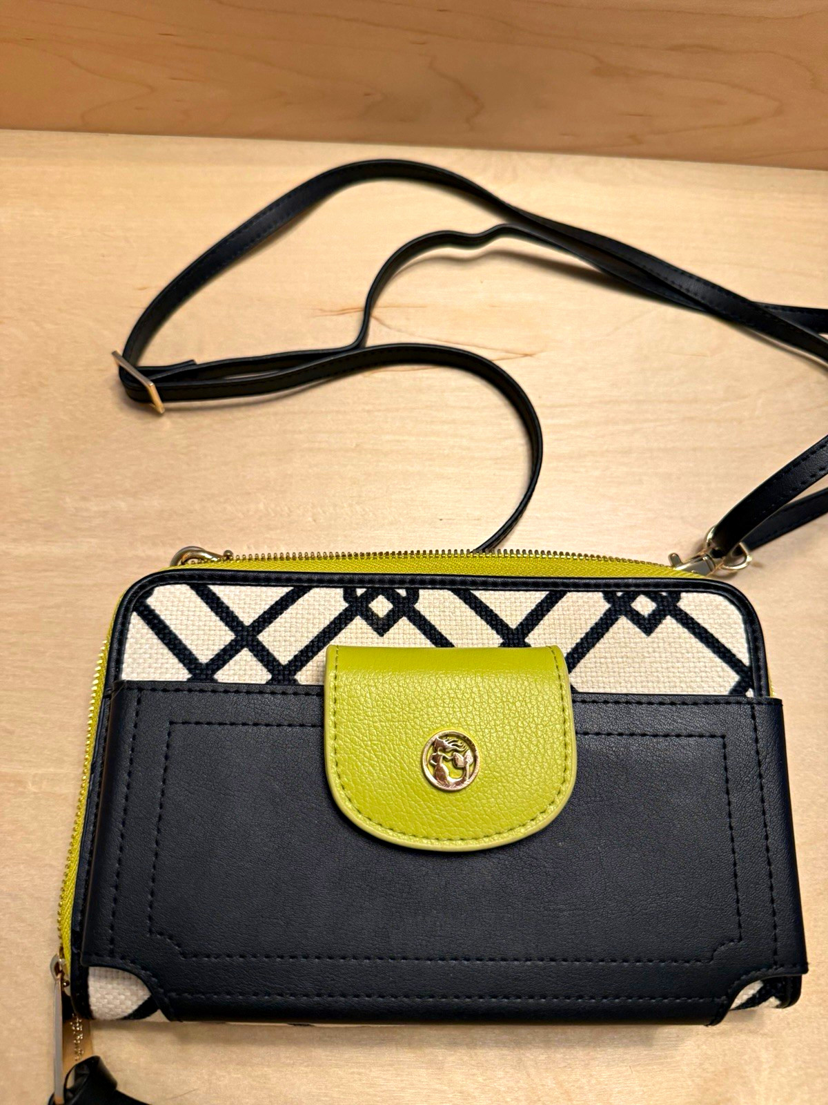 Spartina 449 Phone Wallet Crossbody Natural Linen Leather Navy Lime Green