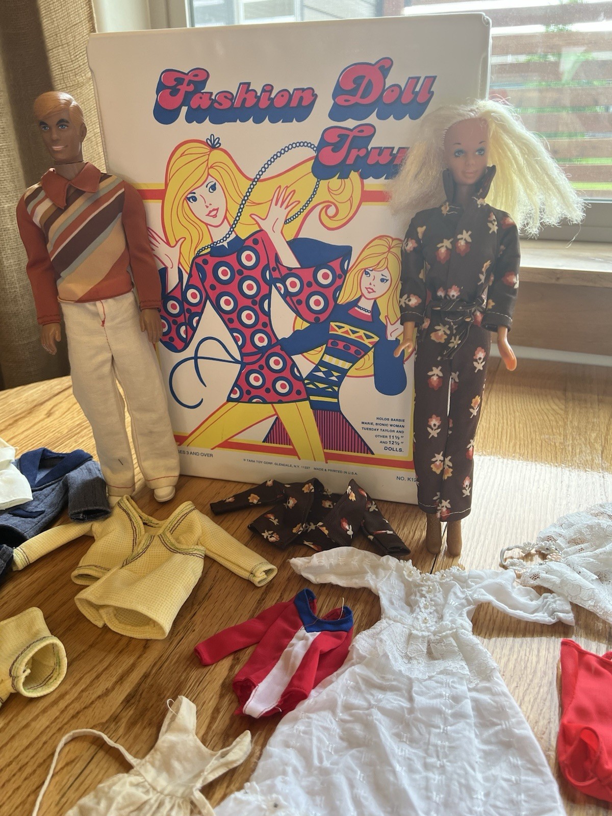 Mattel Barbie, Ken & Skipper with mostly handmade clothes from 70s with 2 cases