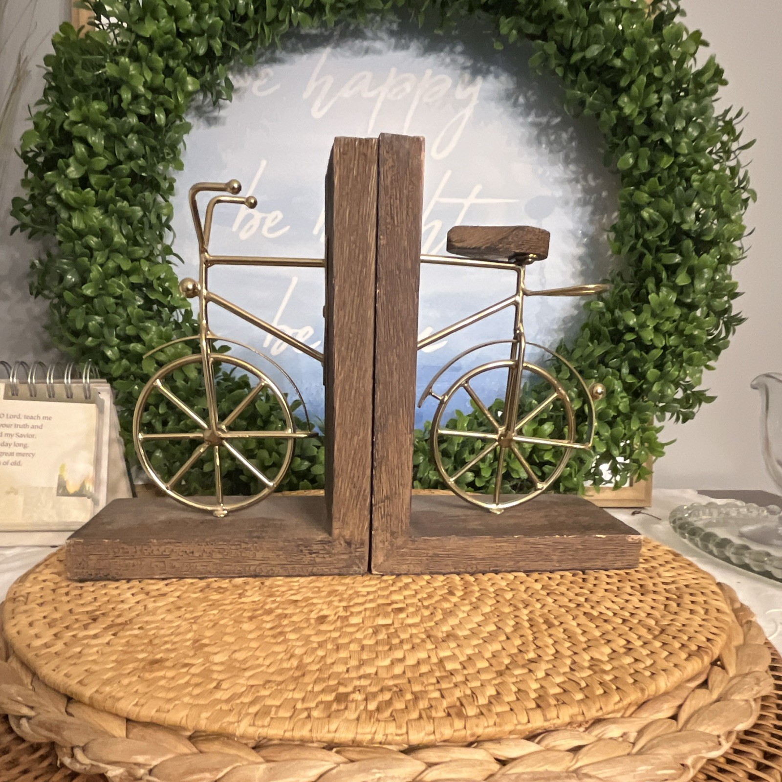 Wood & Metal Bicycle Bookends Set of 2 Brown/Gold Metallic