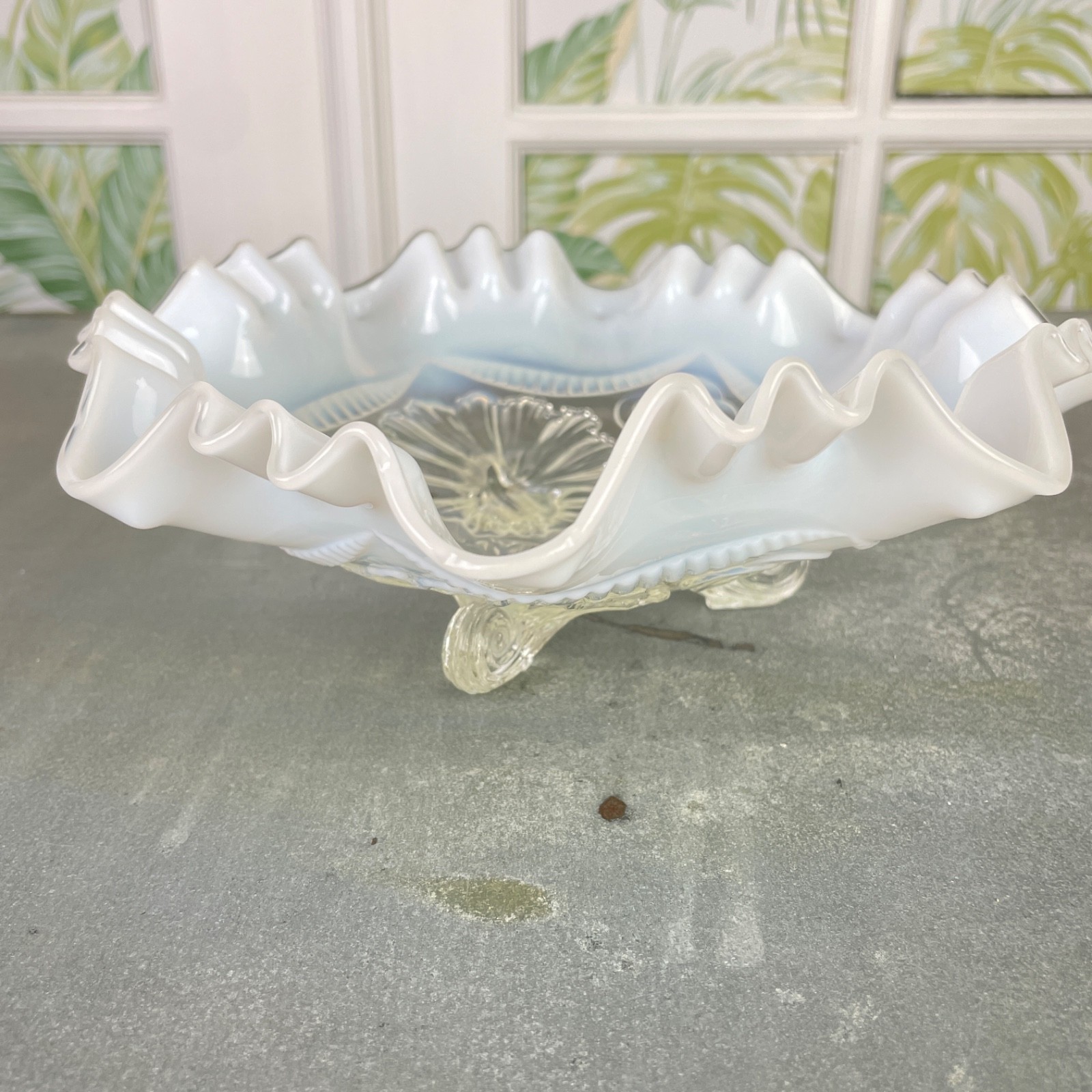 Vintage Northwood Glass Clear Opalescent Footed Bowl Embosses Flowers Rings