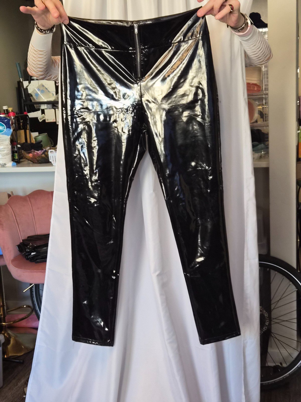 Womens Glossy Faux Leather Leggings Stretch Mint Skinny 34 x 34 Unworn