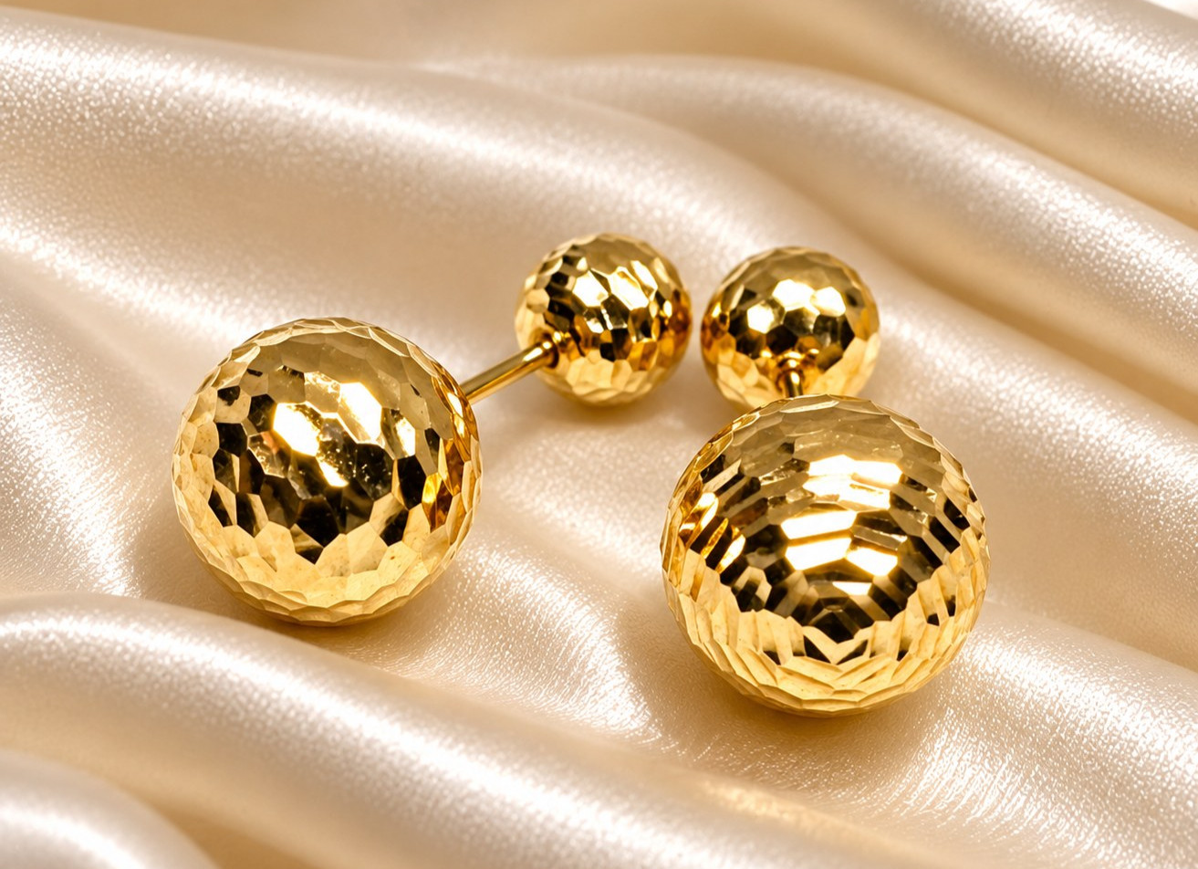 Vintage 18K Yellow Gold Dual Diamond-Cut Double Ball Front-Back Stud Earrings