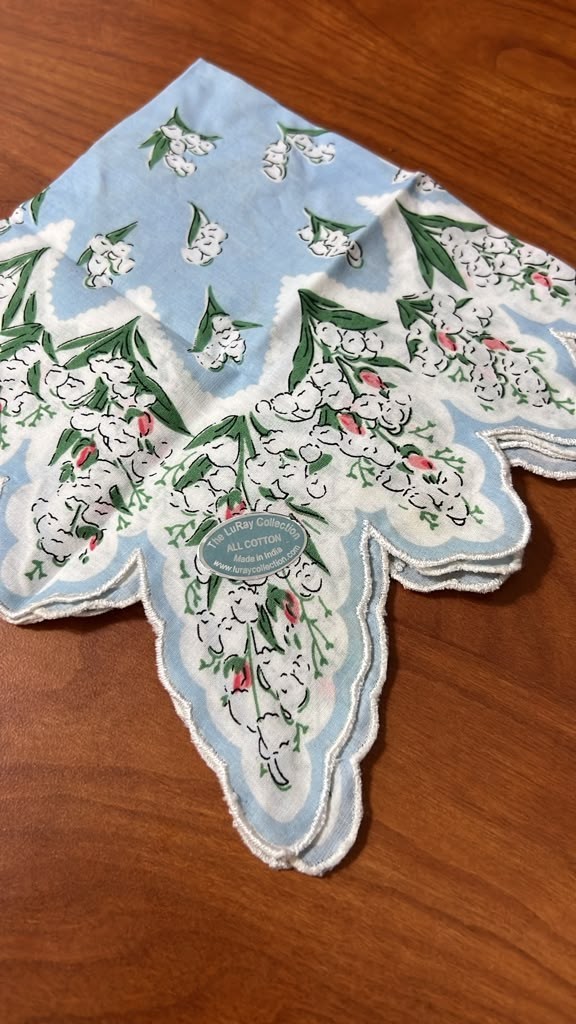 LuRay Handkerchief Lily if the Valley on Blue Scalloped Edge 14\