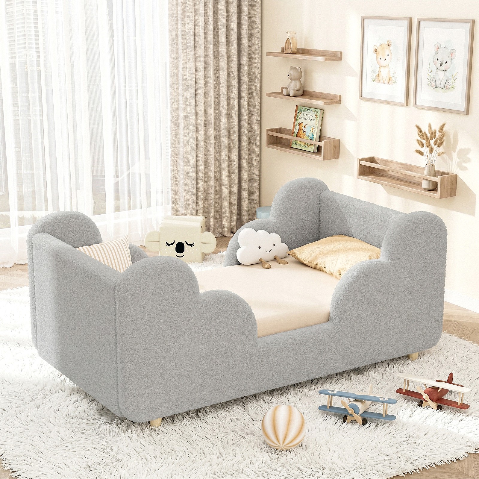 Toddler Floor Bed with Cloud Guardrail Low-profile Kids Bed 300LB Safety Cot Bed