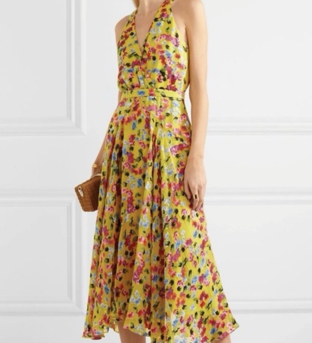 Saloni Rita Yellow Garenia Floral Print Ruffle Silk Midi Dress Size 4 Small