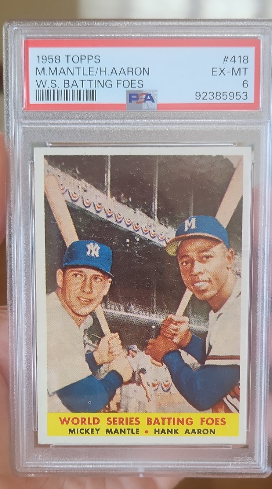 1958 Topps #418 Mickey Mantle Hank Aaron World Series Batting Foes PSA 6 1958 Topps #418 Mickey Mantle Hank Aaron World Series Batting Foes PSA 6