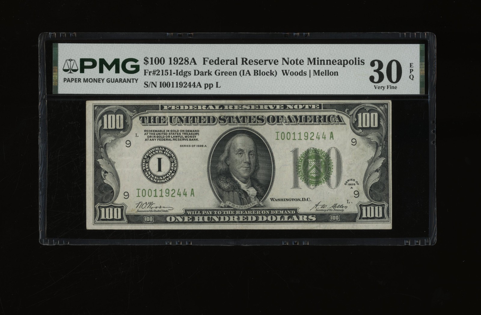 DBR 1928-A $100 DGS FRN Minneapolis Fr. 2151-Idgs PMG 30 EPQ Ser # I00119244A