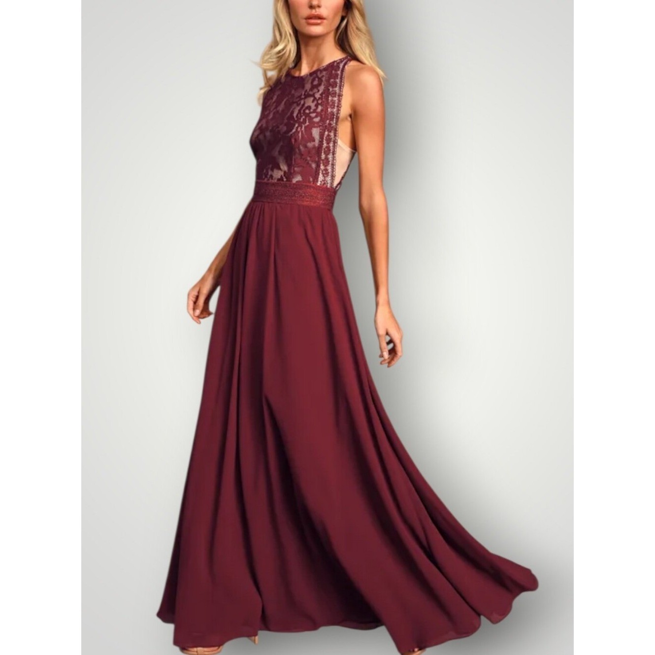 Lulus Forever and Always Burgundy Lace Maxi Dress Medium Wine Halter Bridesmaid