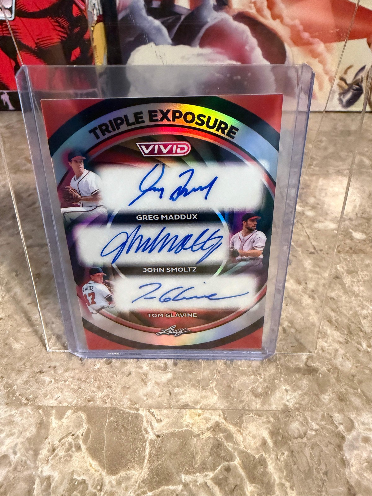 2026 Leaf Vivid Baseball Triple Exposure Auto Maddux Glavine Smoltz Red